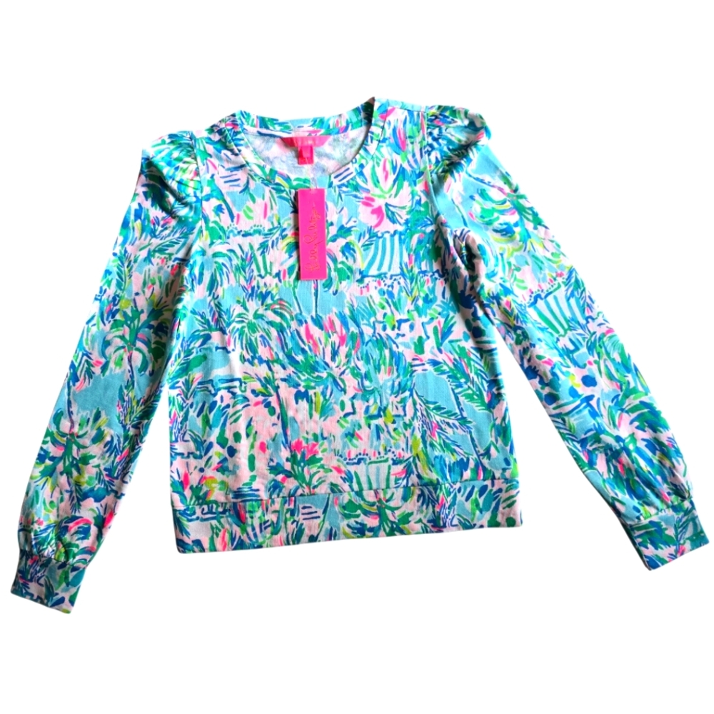Lilly‎ Pulitzer Jansen Long Sleeve Blue Ibiza Cabana Cocktail Sweatshirt Size XS